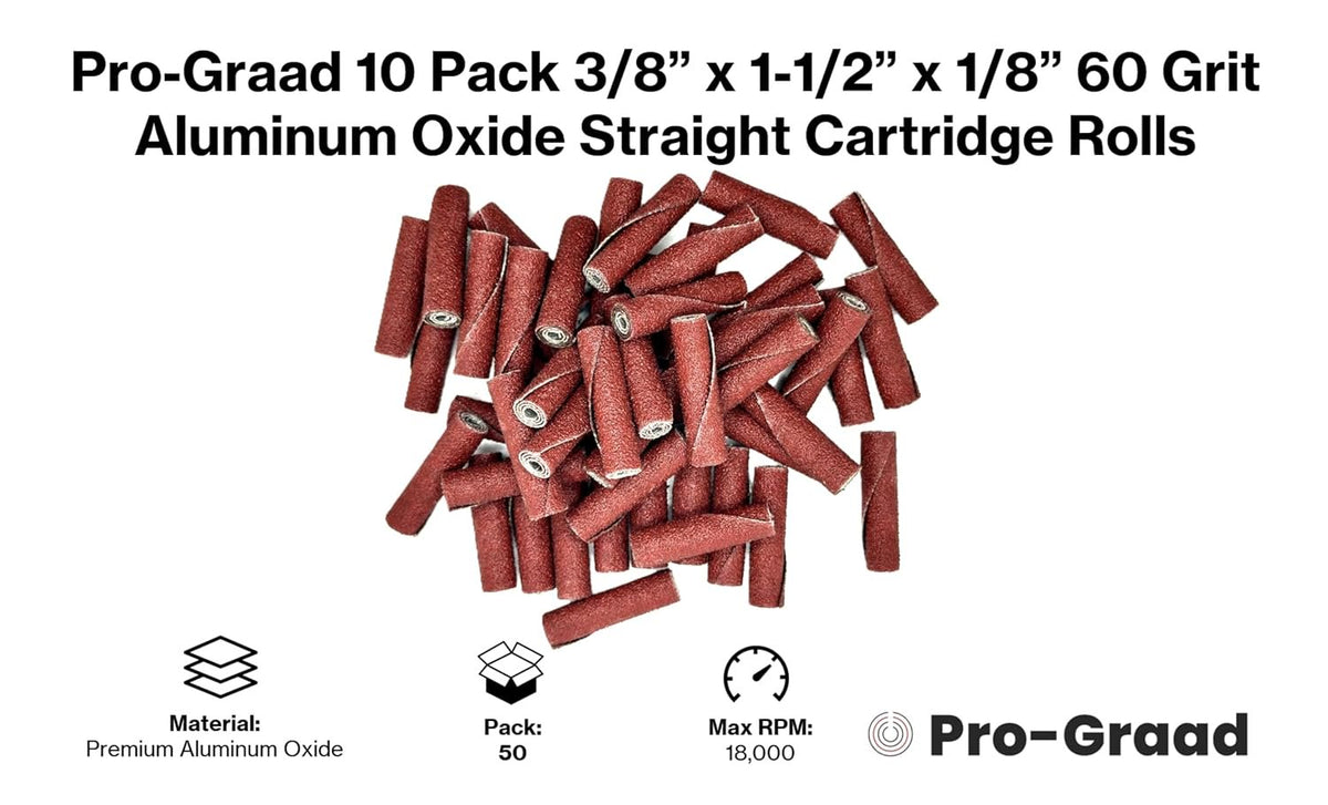 Pro-Graad 3/8” Diameter x 1-1/2” Length x 1/8” Pilot Hole 60 Grit Aluminum Oxide Straight/Untapered Cartridge Roll, 50 Pack, Includes 1x CR-9 Mandrel