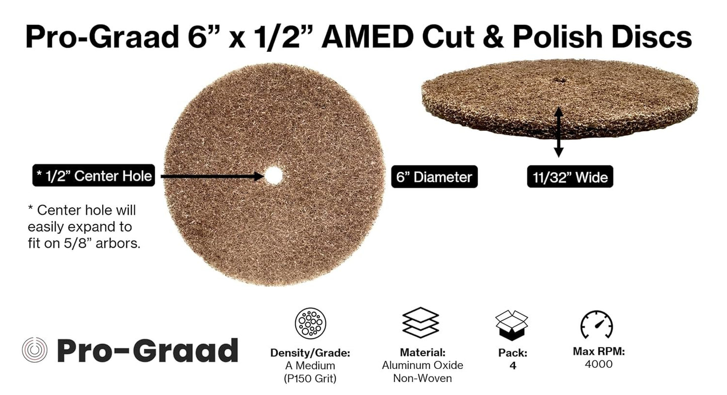 Pro-Graad 4 Pack 6” x 1/2” Medium (P150) Cut & Polish Discs, Aluminum Oxide Non-Woven Discs for Satin Finishing, Blending, Cleaning, 00828, Pack of 4