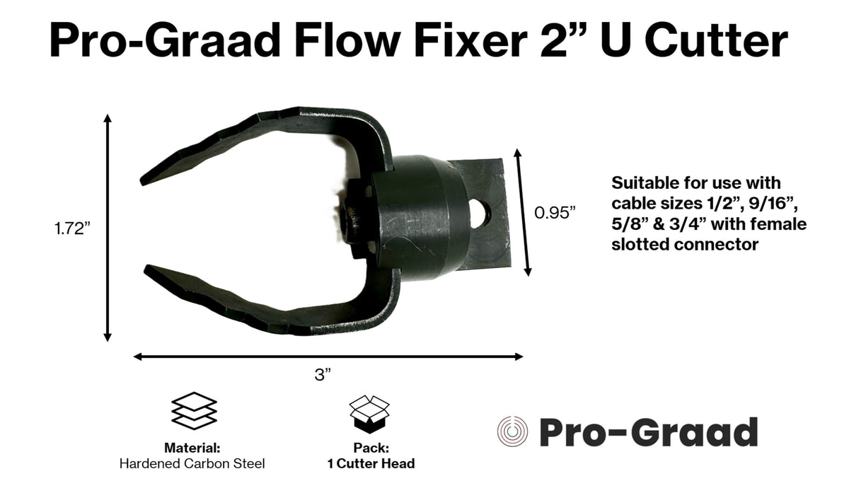 Pro-Graad 2” U Cutter Flow Fixer Drain Cleaner Plumbing Snake Head, for Cutting & Scraping, Fits 1/2" 9/16" 5/8" 3/4" Cables, Commercial & Residential Use