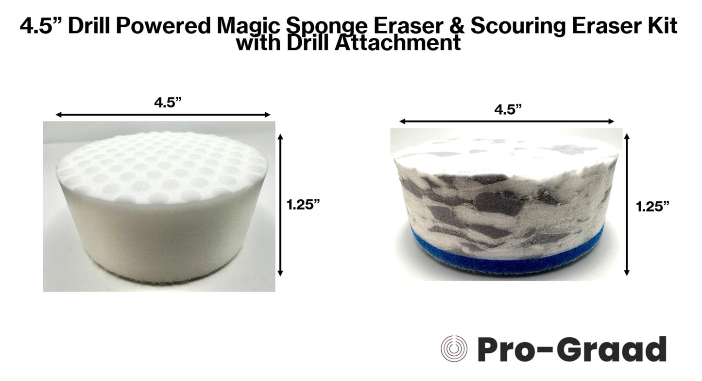 4.5” Drill Powered Magic Sponge Eraser & Scouring Eraser 6 Pieces Kit with Drill Attachment | Ultra Durable Eraser Pads for Deep Cleaning Bathroom Kitchen Floors Walls Baseboards Crayon Marker & More