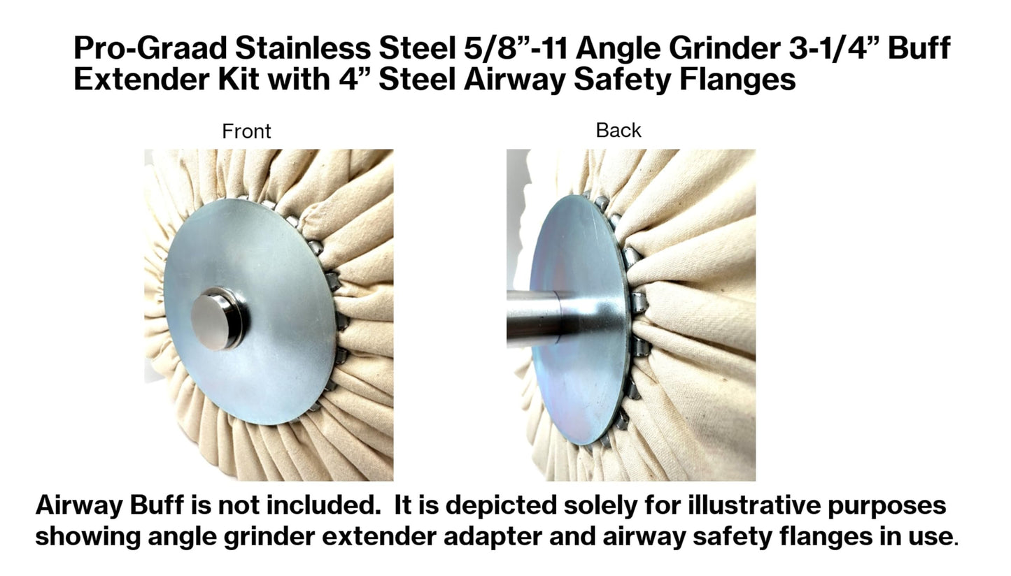 Pro-Graad Stainless Steel 5/8”-11 Angle Grinder Buff Extender Kit, Airway Buffing Polishing Wheel 3-1/4” Extension Shaft, Threaded Arbor Extension Adapter with 4” Steel Airway Safety Flanges