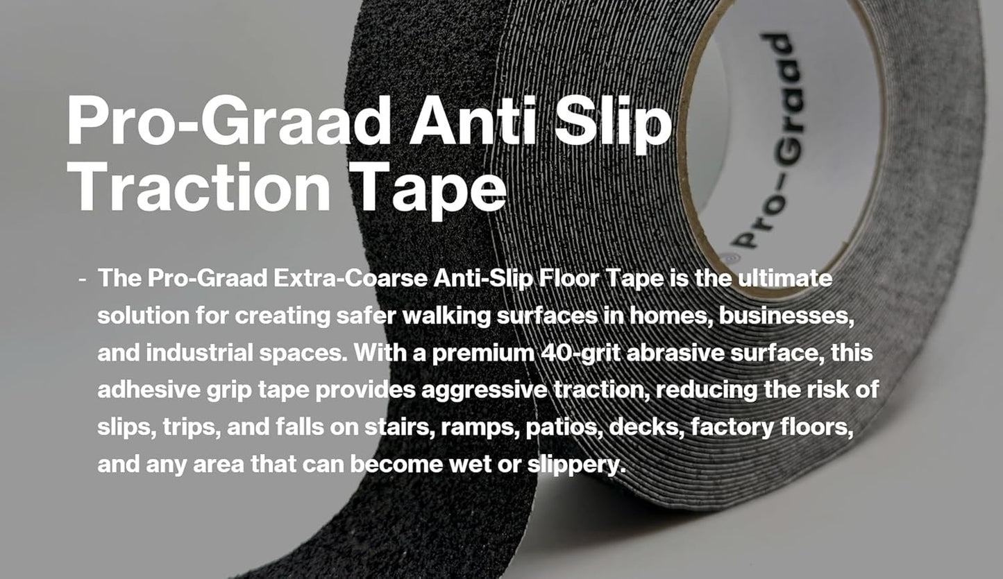 Pro-Graad Anti Slip Traction Tape 2" x 60 Foot, Black, Extra Coarse 40 Grit, Indoor/Outdoor Heavy Duty Safety Tape-Stairs, Steps, Boats, Docks, Ramps & More. Strong Adhesive Non Skid Treads (2” X 60’)