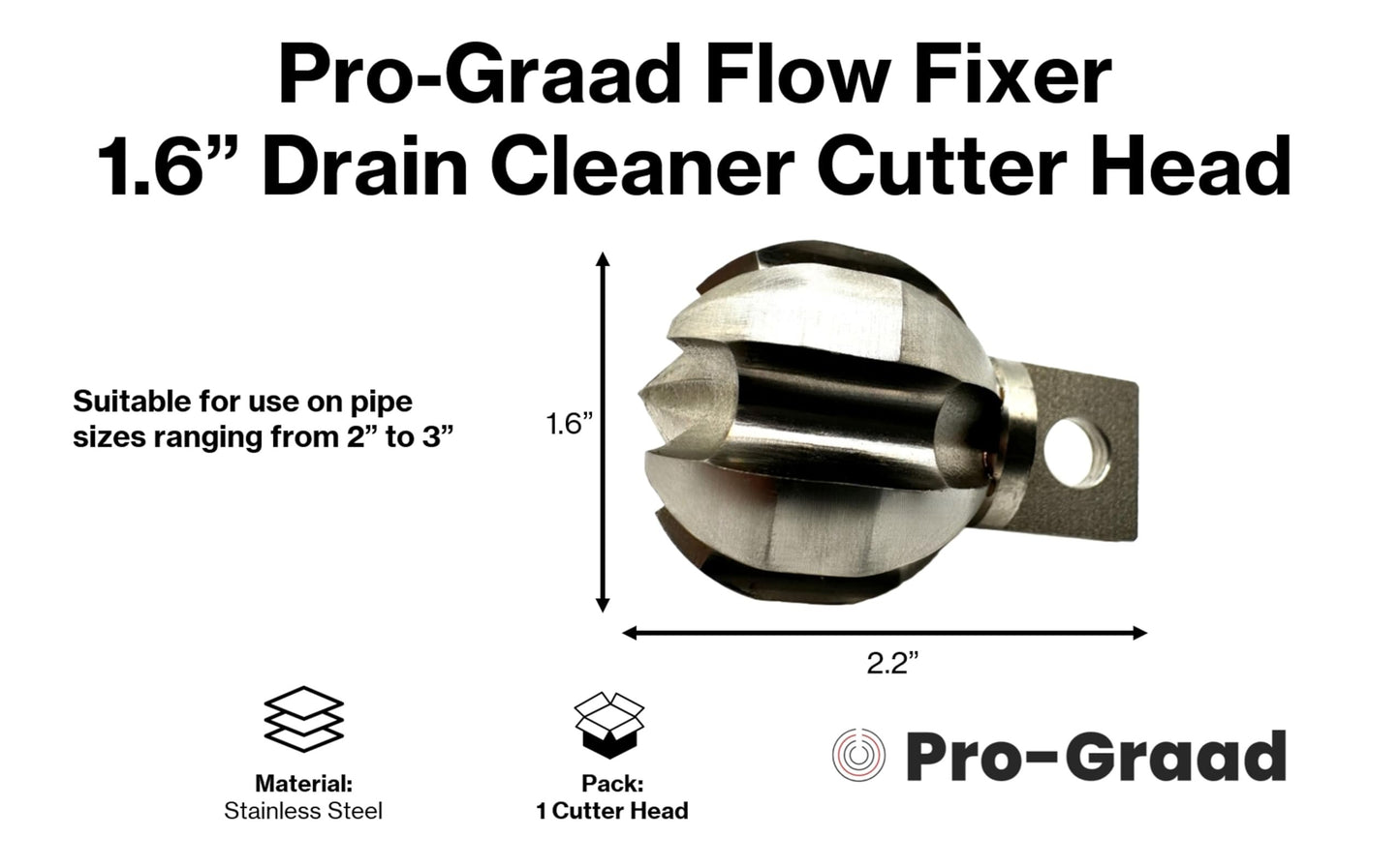 Pro-Graad 1.6” Flow Fixer Drain Cleaner Plumbing Snake Cutter Head for 2" - 3" Pipes, Clears & Scrapes Pipe Inner Walls, Fits 3/8”, 1/2" or 9/16” Cables, for Commercial & Residential Use