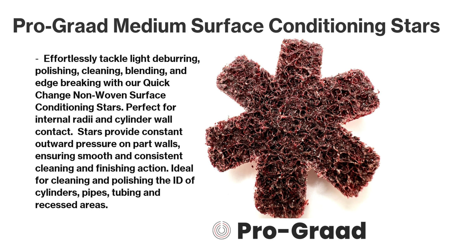 Pro-Graad 10 Pack 2” Medium Quick Change Surface Conditioning Stars, Ideal for Deburring, Polishing, Blending inside of cylinders, pipe, tubing, Excels on Aluminum, Steel, Titanium - Includes Holder