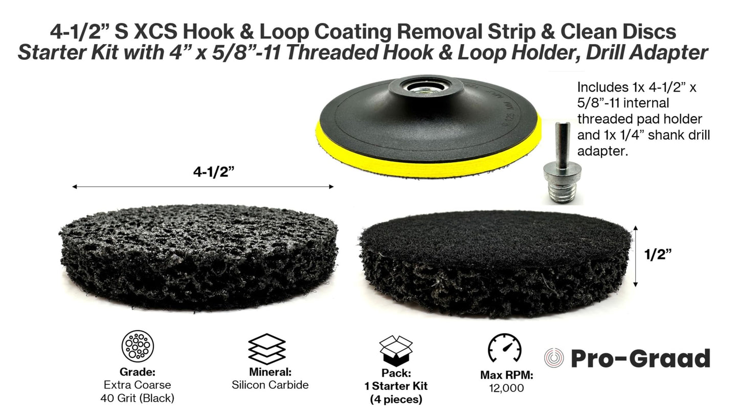 Pro-Graad 4 Piece Kit 4-1/2” SXCS Hook and Loop Coating Removal Discs with 4-1/2” x 5/8”-11 Pad Holder, Drill Adapter, Silicon Carbide Extra Coarse Clean Strip Discs, Strips Paint Coatings Clean Welds