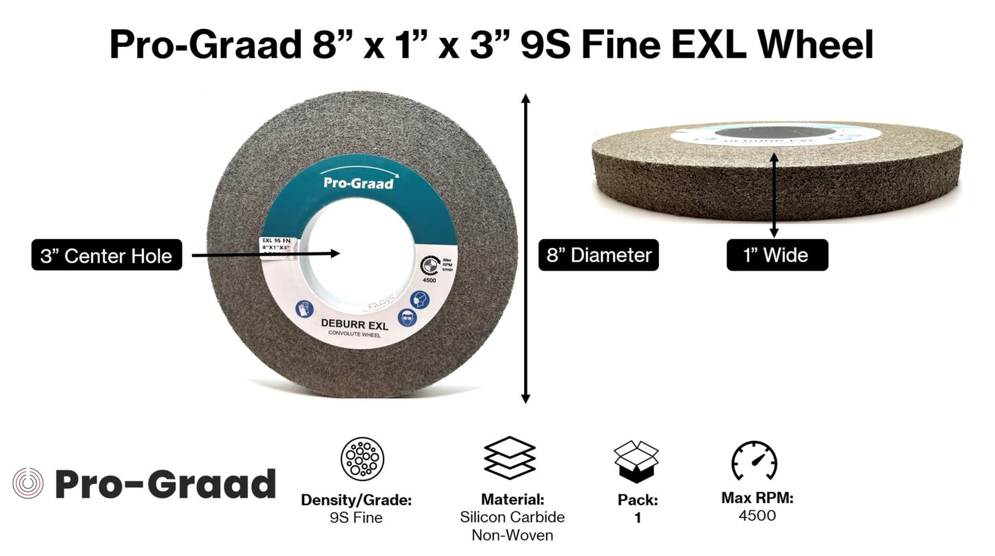 Pro-Graad EXL Deburring Wheel - 8" x 1" x 3" 9S Fine Grit - Silicon Carbide - Metal Deburring, Finishing and Polishing Wheel - Convolute - 05135 - (1 Pack)