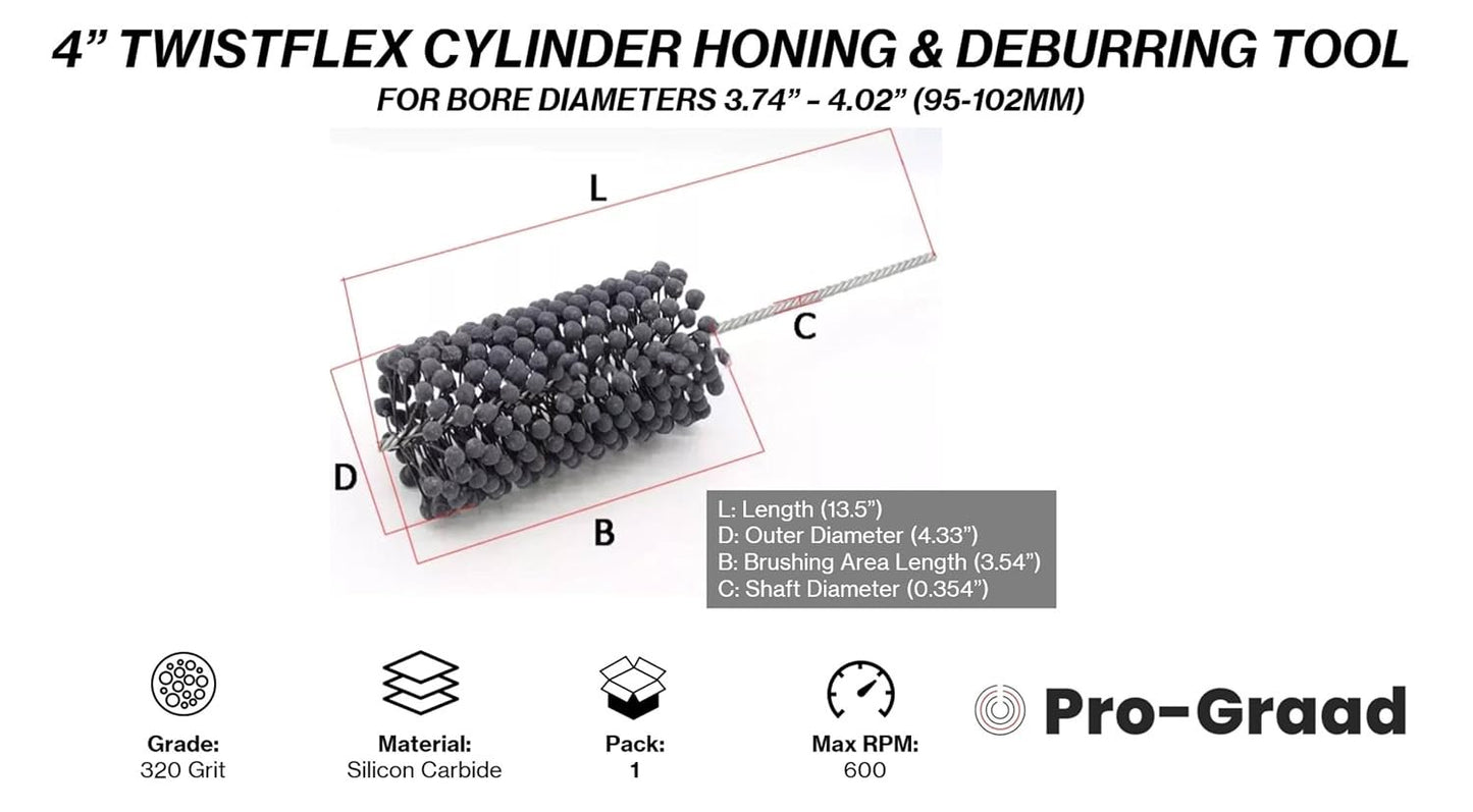 Pro-Graad TwistFlex Cylinder Hone | 4" 320SC Flexible Cylinder Honing & Deburring Tool | 4" Bore Brush for Hole Diameters 3.74"- 4.02" | Silicon Carbide 320 Grit | 0.354 Shank | 13.5" Length | 1 Pack