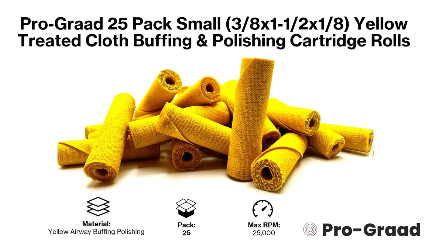 Pro-Graad 25 Pack 3/8x1-1/2x1/8 Yellow Treated Cloth Buffing & Polishing Cartridge Rolls, Ideal for Detail Polishing Hard to Reach Areas