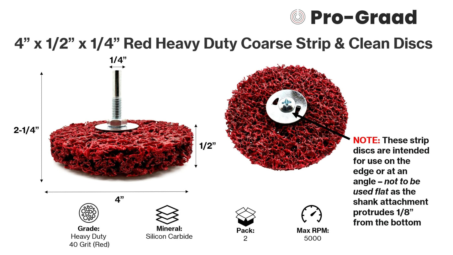 Pro-Graad 2 Pack Paint Stripping Disc Drill Attachment | 4" x 1/2" Wide with 1/4" Shaft | Strip & Clean Discs Remove Paint Coating Rust | Red Heavy Duty Extra Coarse | Pack of 2