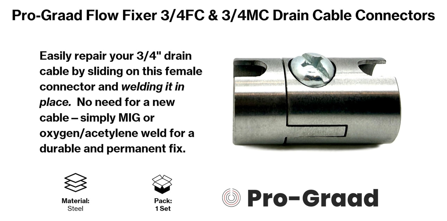 Pro-Graad Flow Fixer 3/4” Slotted Drain Cleaner Cable Weld On Repair End,3/4FC-O & 3/4MC-O MALE & FEMALE WELD-ON CABLE END REPAIR for 3/4" Cables. Fits All 3/4" O.D. Cables, Hollow or Inner Core