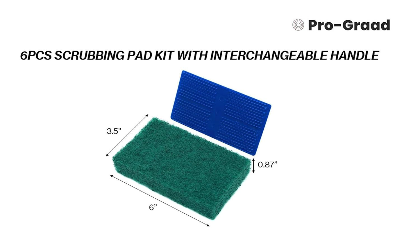 Pro-Graad 6pcs Scrubbing Pad Kit Interchangeable Reusable Handle | 5 Different Scrubbing & Scouring Pads: Red, White, Blue, Green, Black | for Bathroom, Kitchen, Grill, Teak, Boat Hull Bottom Cleaning
