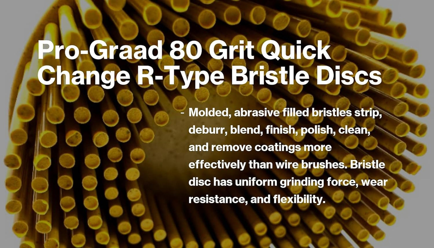 Pro-Graad 5 Pack 3" 80 Grit Yellow R-Type Bristle Disc | Ceramic-Aluminum Oxide Abrasive Bristle Disc with Quick Change Roll Lock | Pack of 5 | Yellow