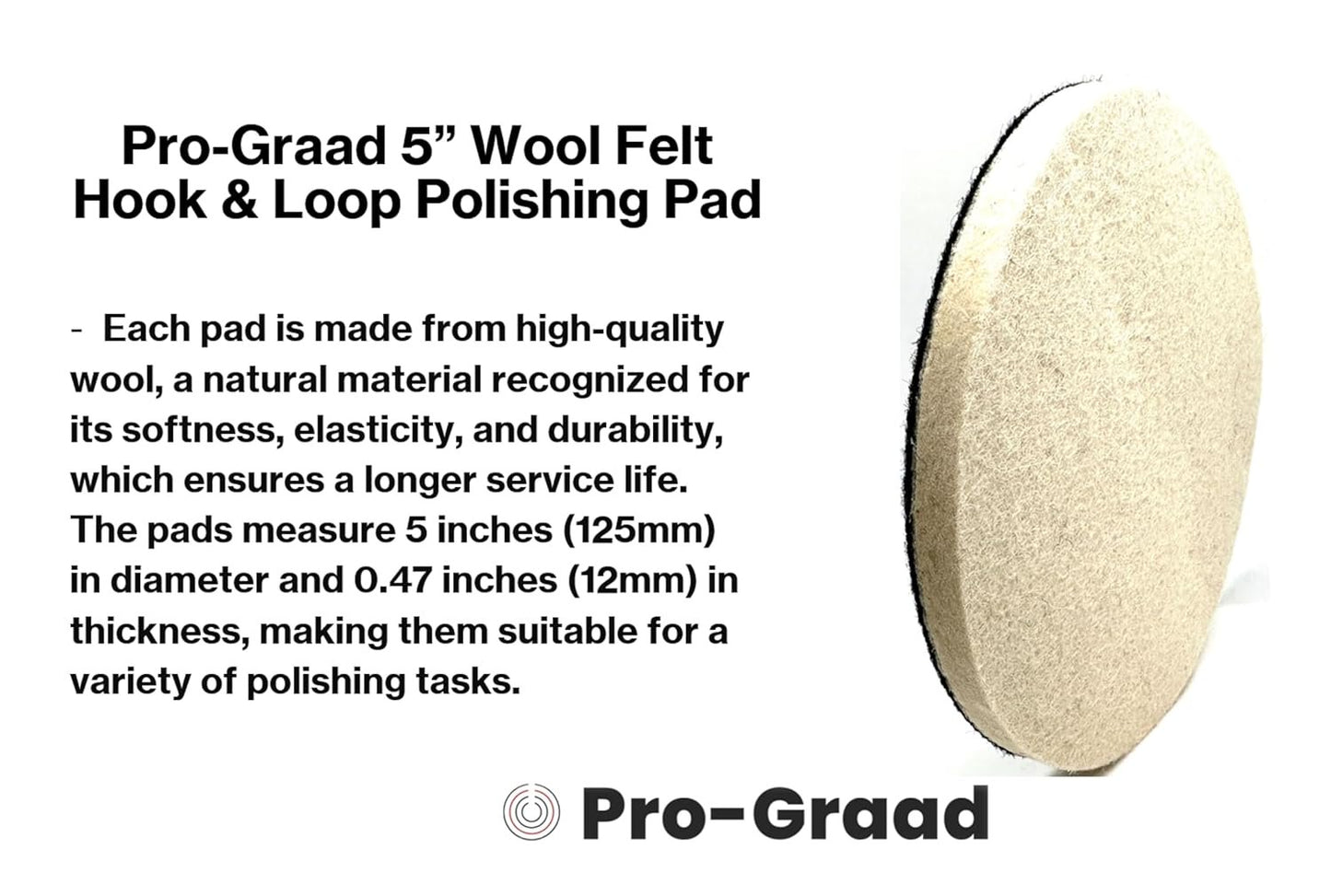 Pro-Graad 5" Wool Polishing Pads, 3pcs Wool Felt Polishing Pad Buffing Wheels Flocking Hook & Loop Backing for Random Orbital Sander, Pack of 3
