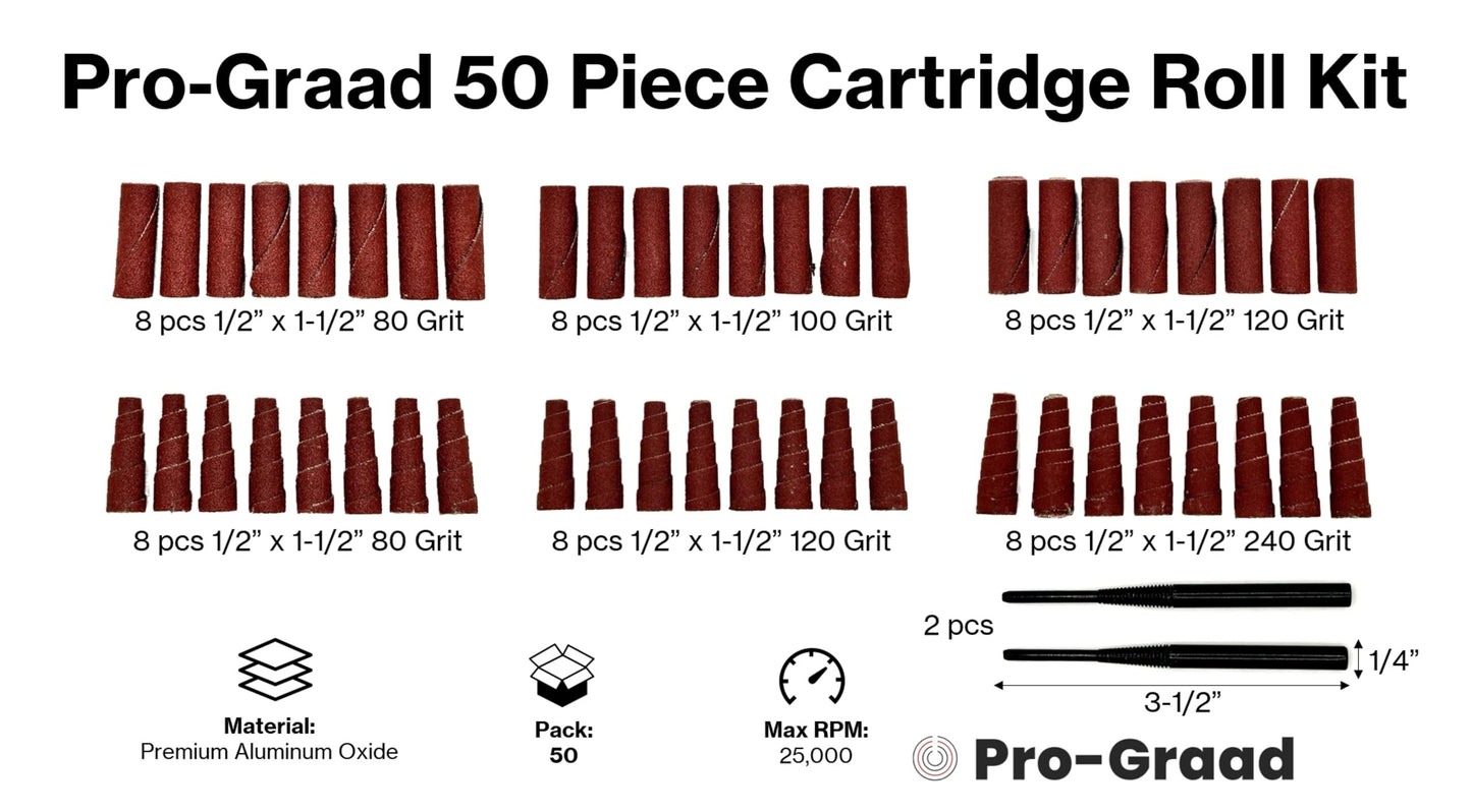 Pro-Graad 50 Piece Abrasive Sanding Cartridge Spiral Roll Sander Kit, Mini Cone & Cylinder Kit for Metal, Wood, Stainless, Fiberglass, Welds, Engine Porting – Die Grinder & Rotary Tool Accessories