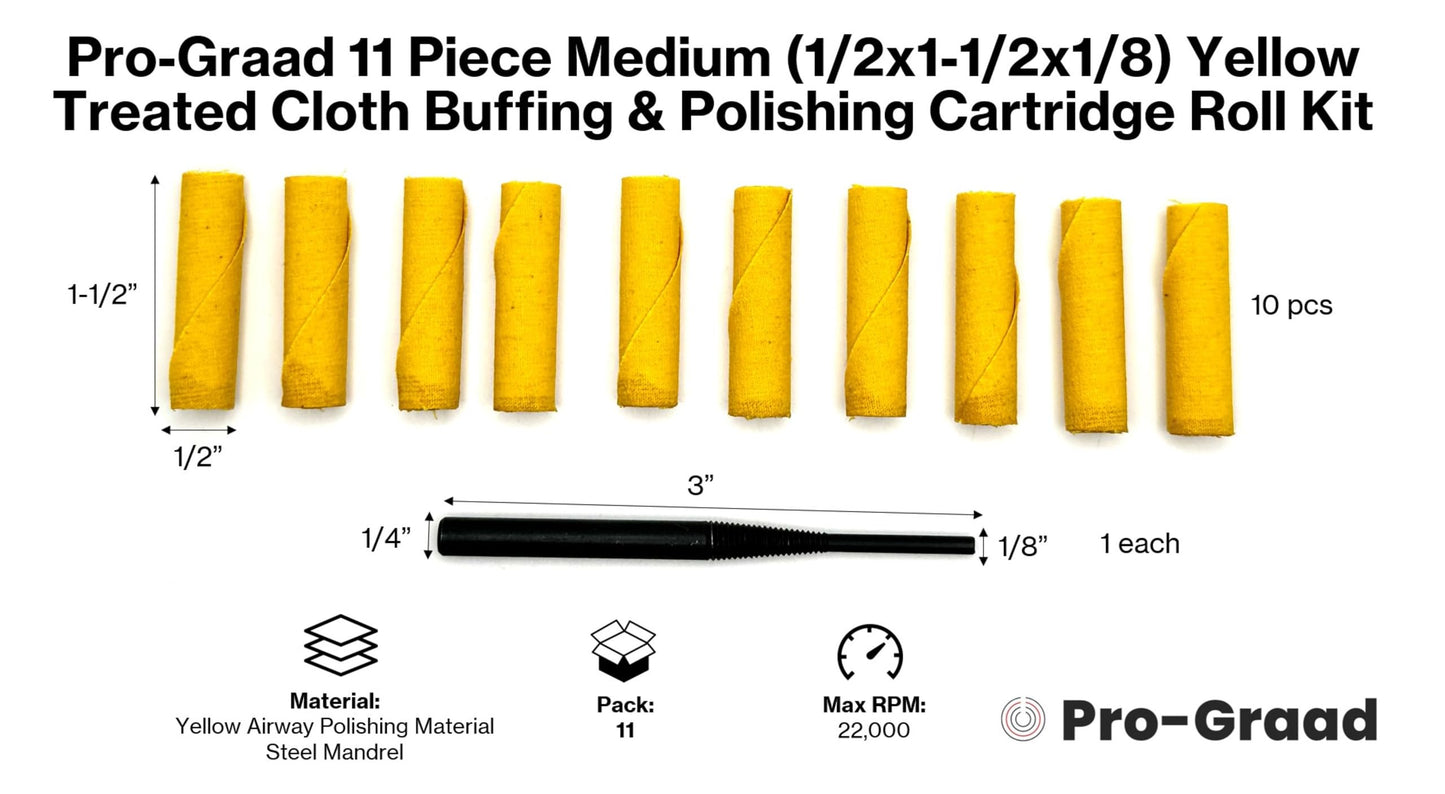Pro-Graad 11 Piece Medium (1/2x1-1/2x1/8) Yellow Treated Cloth Buffing & Polishing Cartridge Roll Kit, Ideal for Detail Polishing Hard to Reach Areas, Includes 1/4” Shank Mandrel